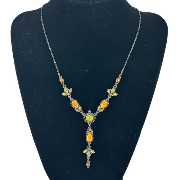Vintage Nina Ricco Avon Y Lariat Necklace Orange Gunmetal Chain Boho Gothic - Picture 2 of 9